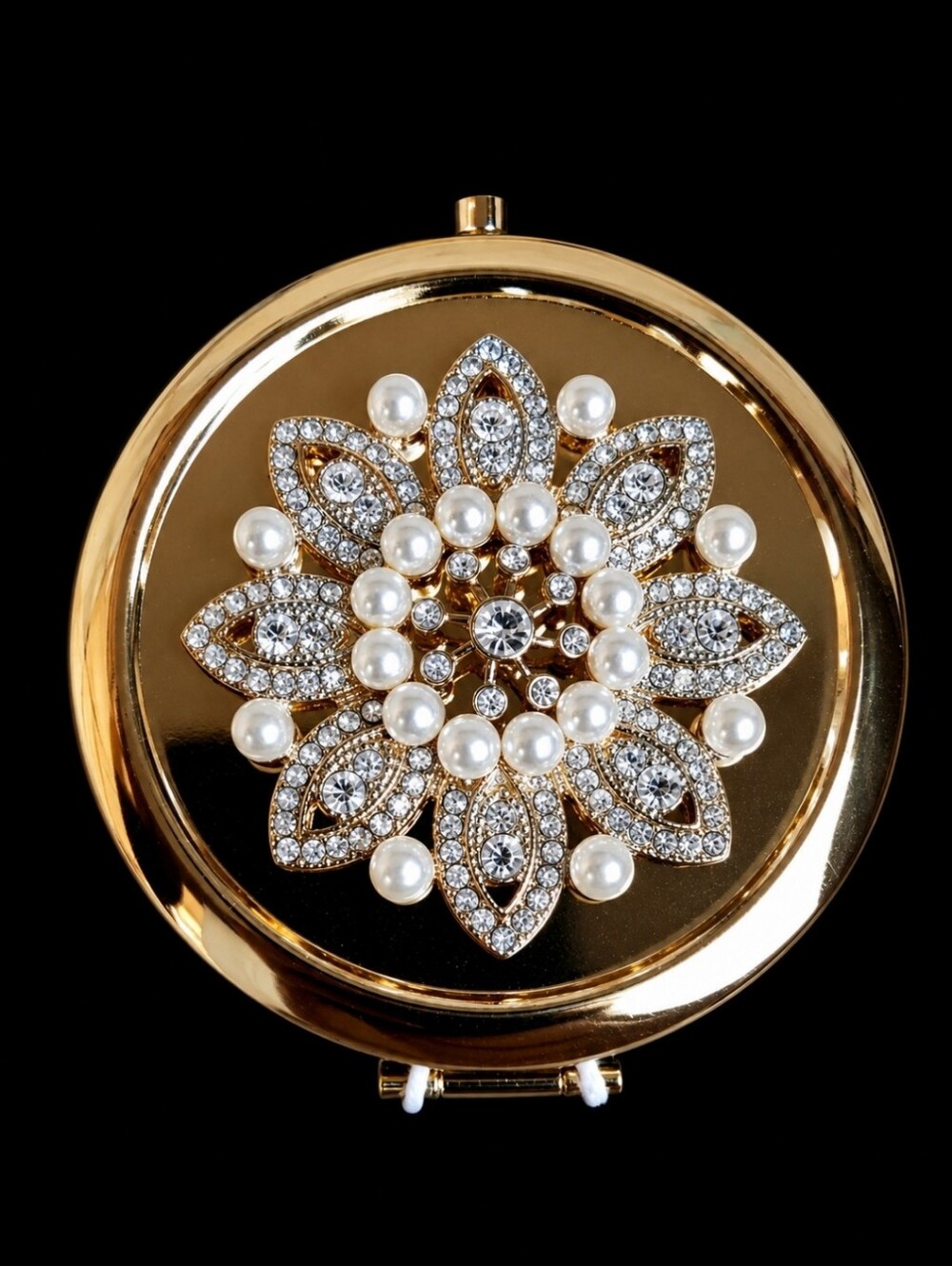 MONET Vintage Gold Tone Faux Pearl Clear Rhinestone Compact Mirror Original Box